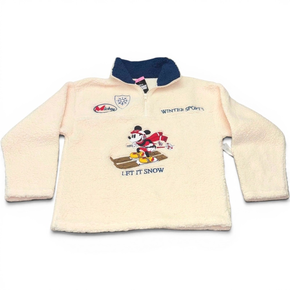 Disney Mickey Mouse‎ Winter Sports Sherpa Fleece 1/4 Zip Off White Small NWT